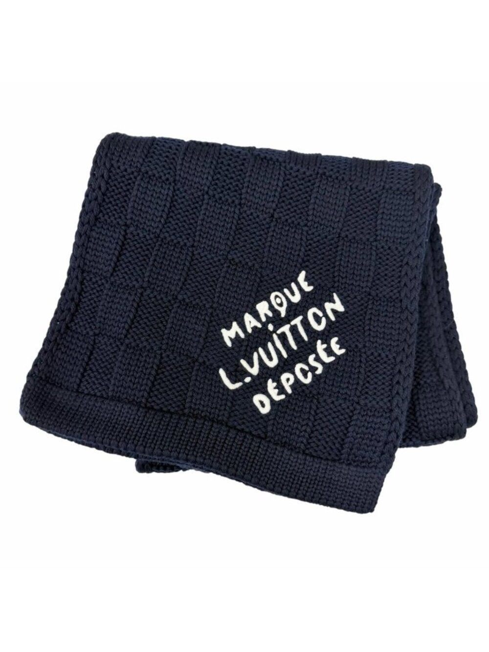 Louis Vuitton Scarf Damier Snug Logo Embroidery Wool 100% Knit Navy